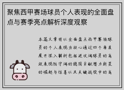 聚焦西甲赛场球员个人表现的全面盘点与赛季亮点解析深度观察
